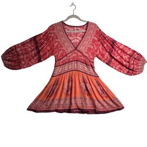 Free People XS Luna Scarf Lacey Print Exaggerated BellSleeve Boho Red Mini Dress